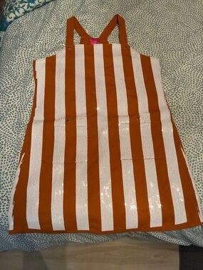 QUEEN OF SPARKLES Burnt Orange and White Sequin Striped Overall Dress